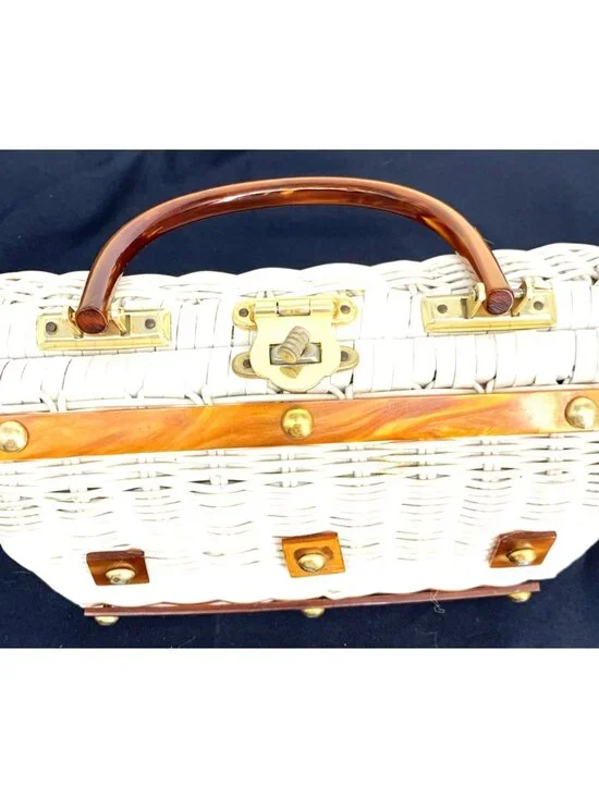 Vintage Purse Nylon Wicker Woven Lucite Handbag British Hong Kong 9" Wide - Picture 3 of 11